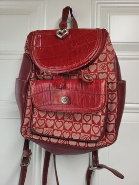 Brighton C428893 Julia Red Croc Leather Heart Signature Canvas Back Pack Purse